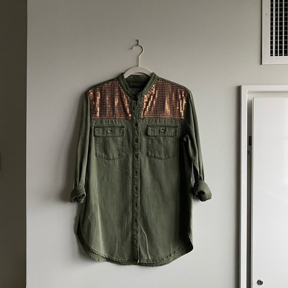 Anthropologie Army Green Denim Top - Picture 1 of 6